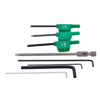 Conjunto de ferramentas com chaves de fenda de cabo verde, extensão e chaves hexagonais