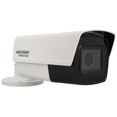 Câmara de vigilância branca e preta HIKVISION HiWatch Series com suporte.