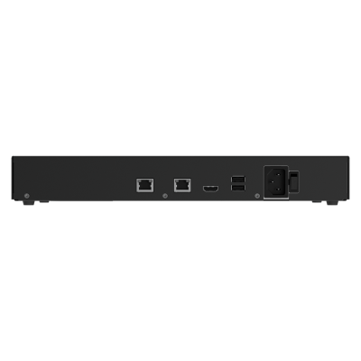 Dispositivo preto com portas Ethernet, HDMI, USB e entrada de energia