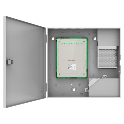 Caixa metálica cinzenta aberta com painel eletrônico Hikvision e LEDs verdes