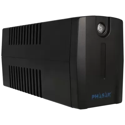 Fonte de alimentação UPS preta com ventilação e logo Phasak azul