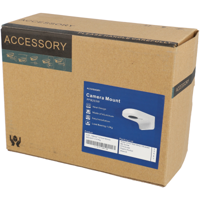 Caixa de suporte para câmara em cartão castanho com etiqueta azul