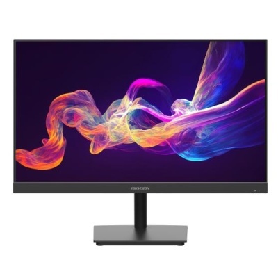 Monitor preto com suporte e ecrã mostrando imagem abstrata colorida