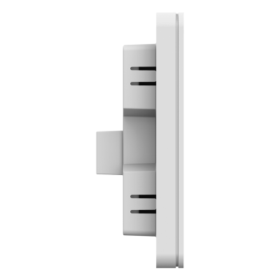 Dispositivo eletrónico branco com abertura e ranhuras visto de lado