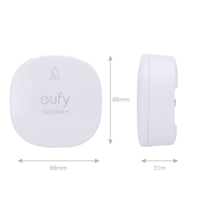 Dispositivo quadrado branco eufy SECURITY com ícone de gota de água e dimensões.
