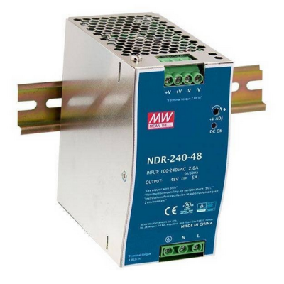 fonte de alimentação Mean Well NDR-240-48 azul e metálica montada em trilho din
