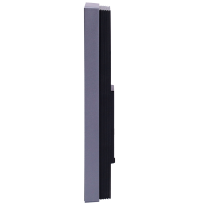 Perfil lateral de monitor preto e cinzento com base