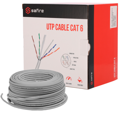 Caixa e rolo de cabo Safire UTP CAT 6 cinza com fios internos coloridos