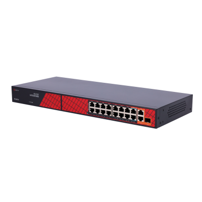 Switch de rede 16 portas Ethernet cinza escuro e vermelho