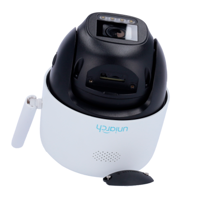 Câmara de vigilância Unirich com base branca e parte superior preta