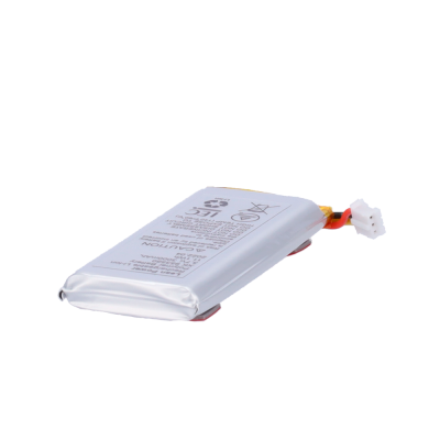 Bateria recarregável retangular com conector e texto de segurança