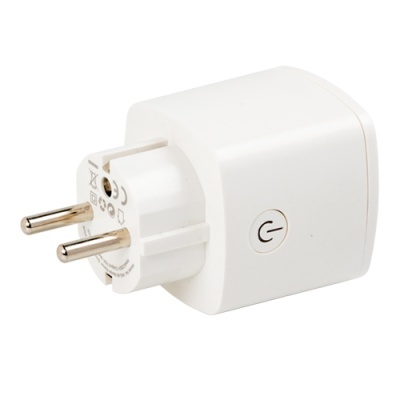 Adaptador elétrico branco com pinos redondos e botão de ligar