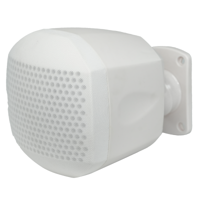 Coluna de som branca com proteção frontal de tecido e suporte de fixação