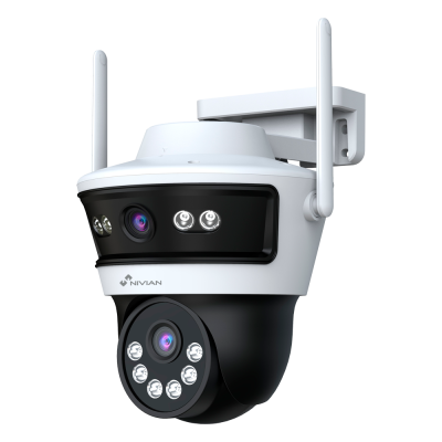 Câmara de segurança exterior Nivian preta e branca com antenas e LEDs