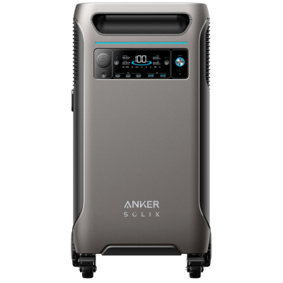 Bateria portátil cinza com visor digital e rodas