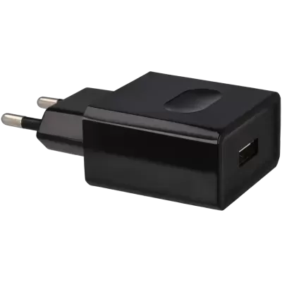 Carregador de parede preto com entrada USB e plugue europeu