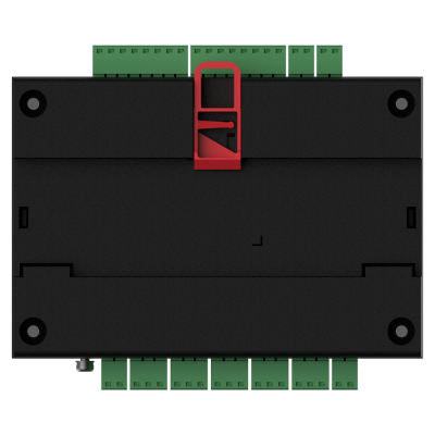 Dispositivo eletrônico preto com conectores verdes e clipe vermelho