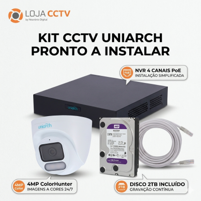 Kit CCTV Uniarch com câmara, gravador NVR, disco rígido e cabo para instalação