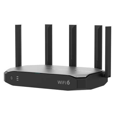 Roteador WiFi6 preto com quatro antenas