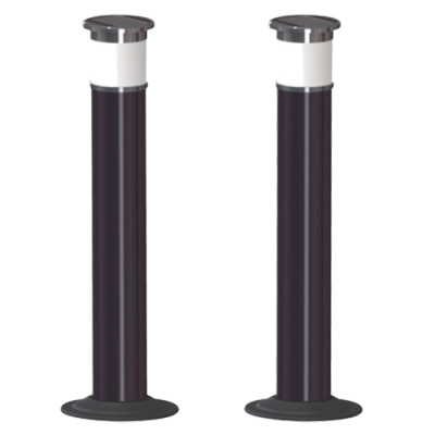 Dois postes de iluminação exteriores com base circular preta e luminária no topo