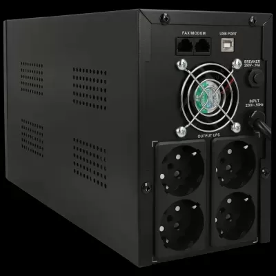 UPS preto com quatro tomadas, ventoinha e portas USB e FAX/MODEM