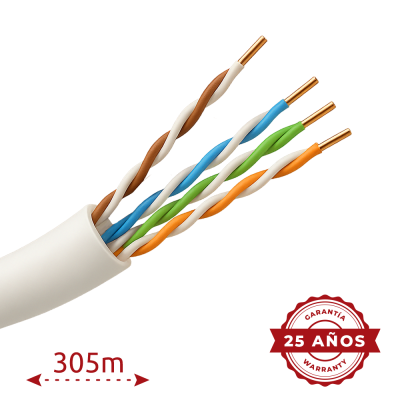 Cabo de rede com fios trançados coloridos e selo de garantia de 25 años.