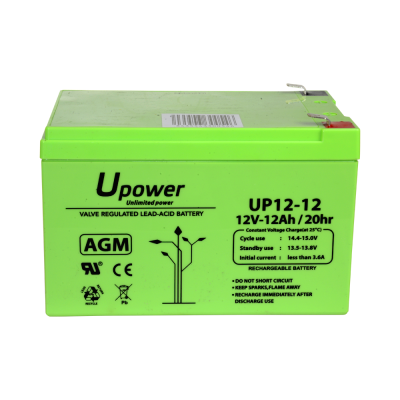 Bateria recarregável AGM verde Upower com informações técnicas e símbolos impressos