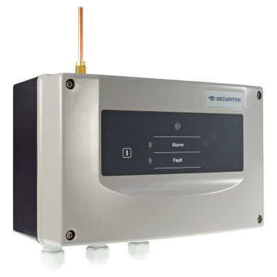 Dispositivo elétrico cinzento e preto com LEDs e etiqueta SECURITON