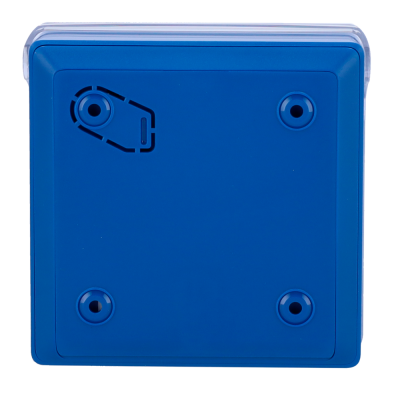 Caixa quadrada azul de plástico com quatro pontos circulares e recorte superior esquerdo