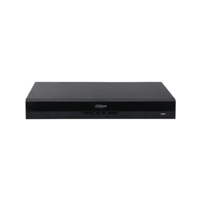 Aparelho de gravação eletrónica preto com logótipo Dahua Technology e porta USB
