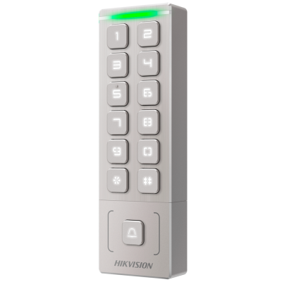 Teclado digital de segurança Hikvision cinza com botões iluminados e luz verde