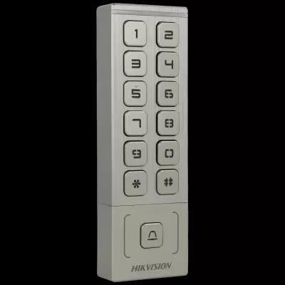 Teclado numérico metálico cinzento com botão de sino e marca HIKVISION