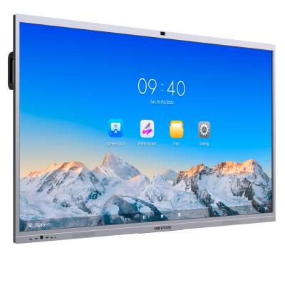 Monitor interativo Hikvision com ecrã táctil e ícones em ecrã azul