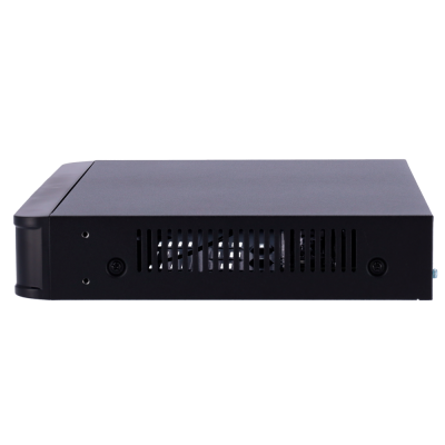 Aparelho eletrónico preto com grelha de ventilação frontal.