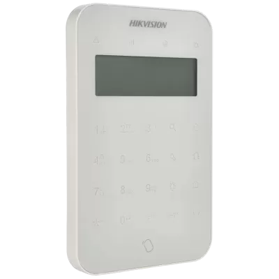 Teclado de segurança branco HIKVISION com ecrã e botões táteis.