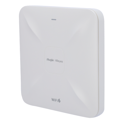 Ponto de acesso WiFi 6 branco com texto Ruijie Reyee e WiFi 6