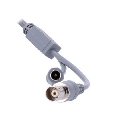 Cabo cinzento com conectores metálicos BNC e de alimentação circular