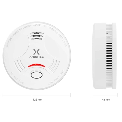 Detector de fumo branco redondo com luz vermelha e botão de teste