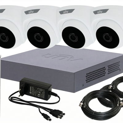 Kit de videovigilância com 4 câmaras, disco rígido, gravador e cabos.