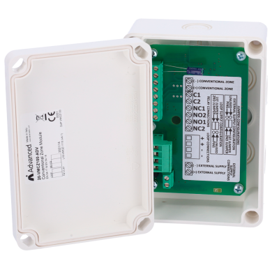 Módulo de zona convencional Advanced branco com tampa aberta e circuitos internos visíveis