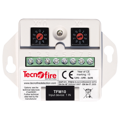 Dispositivo elétrico branco com terminais e dois potenciômetros, modelo TFM10 da Tecnofire