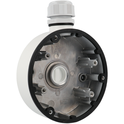 caixa de montagem redonda branca com interior metálico e conector de cabo branco