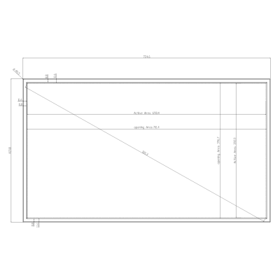 Desenho técnico retangular com medidas e áreas ativas indicadas