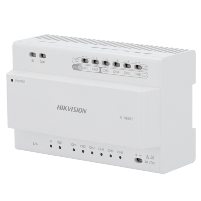 Equipamento electrónico branco da marca HIKVISION com várias entradas e indicadores LED