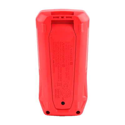 Dispositivo vermelho com tampa de bateria e texto de aviso na parte traseira