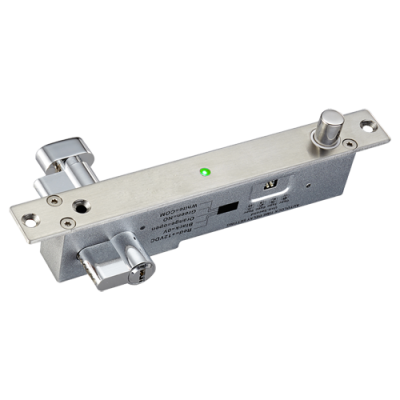 Fecho de porta metálico prateado com led verde e texto impresso