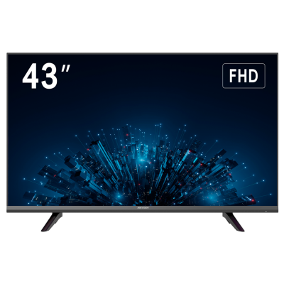 Televisão plana 43 polegadas com resolução FHD e suporte em V
