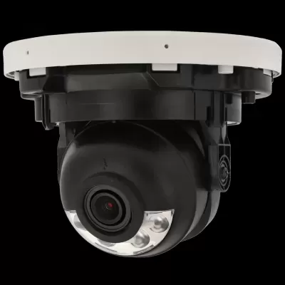 Câmara de segurança domo preta com aro branco e LEDs.