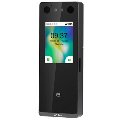 Dispositivo eletrónico preto com ecrã colorido que mostra data, hora e texto Check-In