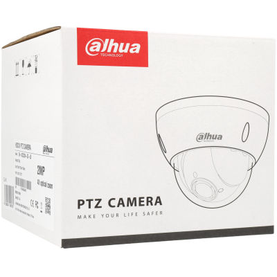 Embalagem branca de câmara PTZ Dahua com logótipo vermelho e desenho da câmara